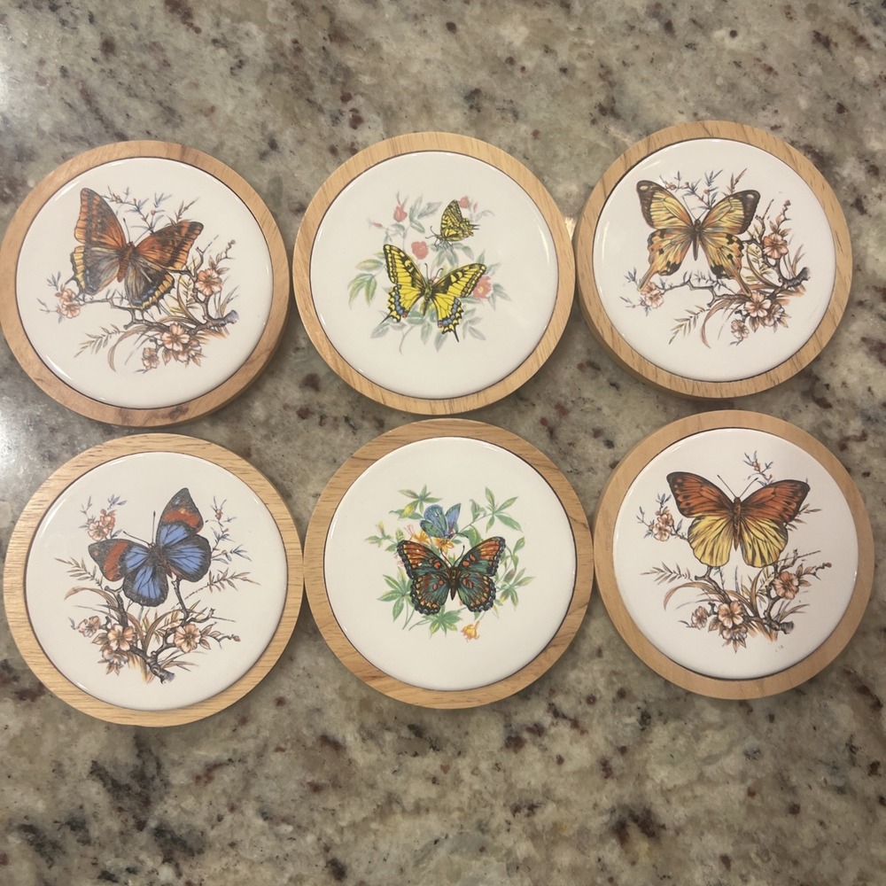 Butterfly Coasters Wood Ceramic Monarch 6‎ Designs Cottage NEW old stock